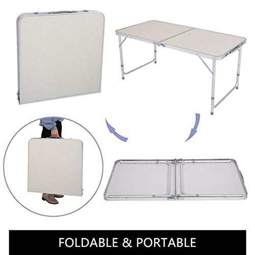 Aluminum Folding Table 4 Foot, Adjustable Height Lightweight Portable Camping Table for Picnic Beach Outdoor Indoor, White 120 x 60 x 70 4Ft X18150