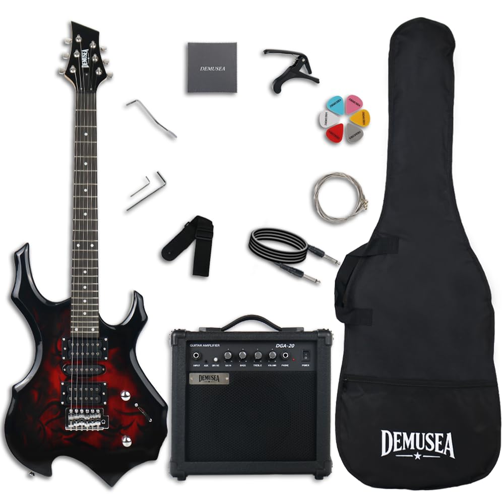 Black Red Flame Shape Full Size Solid Body Electric Guitar Kit with 20W Amp K19485
