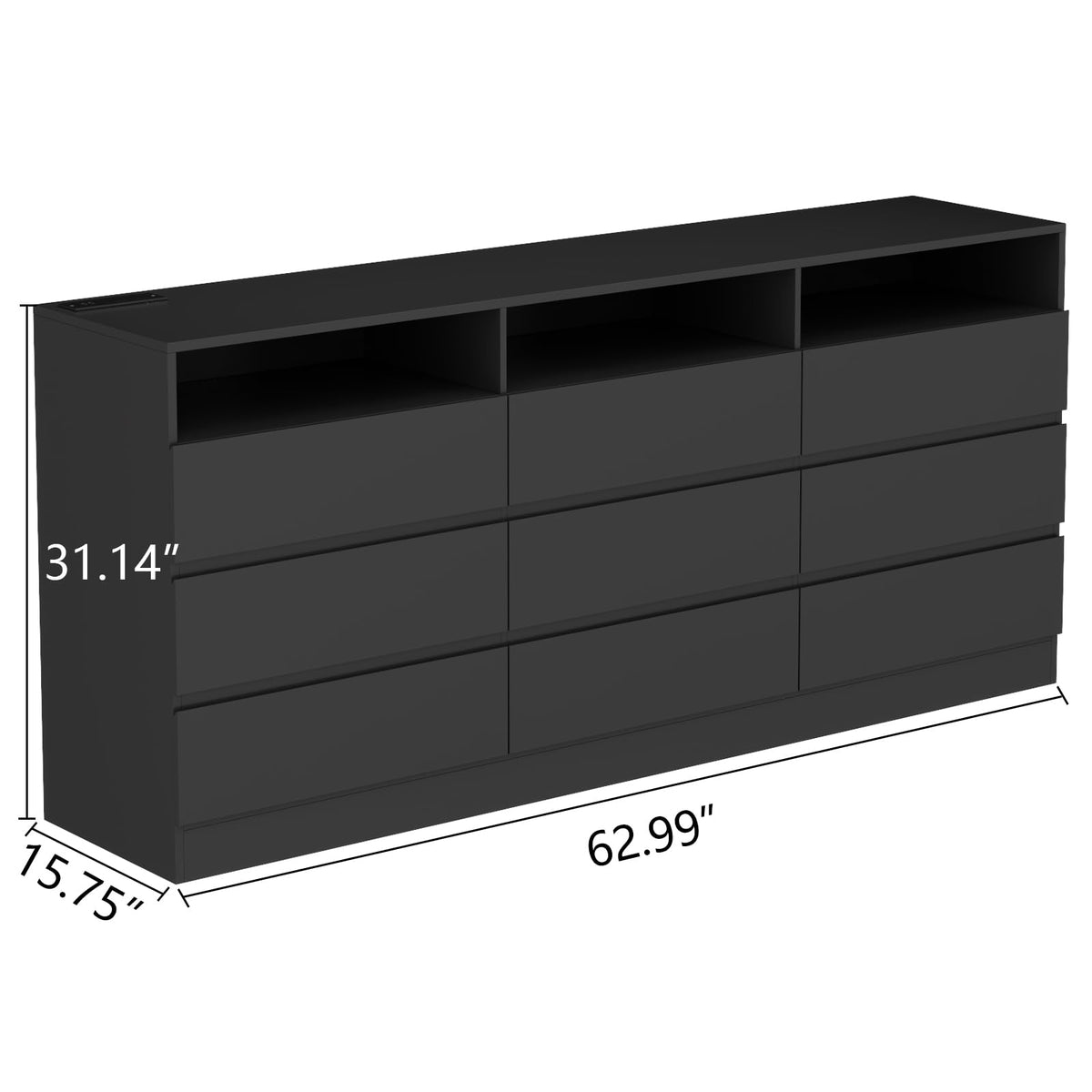Black 9 Drawer Dresser with LED Lights & Power Outlet V3800