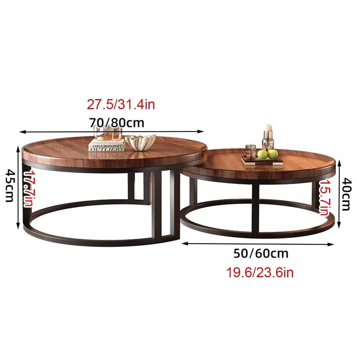 Round Nesting Coffee Tables 2-Piece Set Wood Top Metal Frame R9139