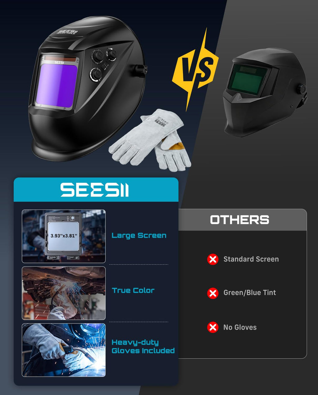 Large View Auto Darkening Welding Helmet with Welding Gloves K31406