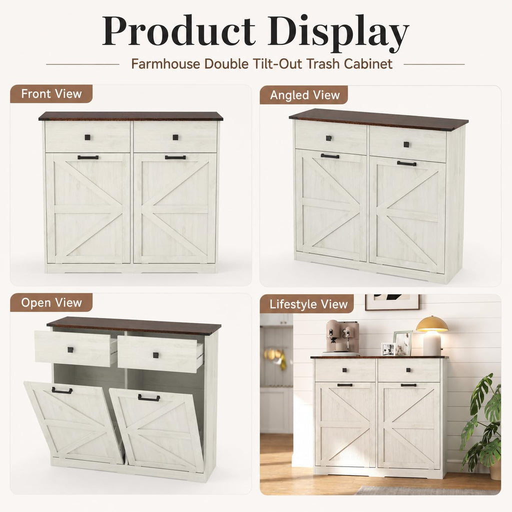 20 Gallon White Wooden Double Tilt Out Trash Can Cabinet with 2 Drawer D101