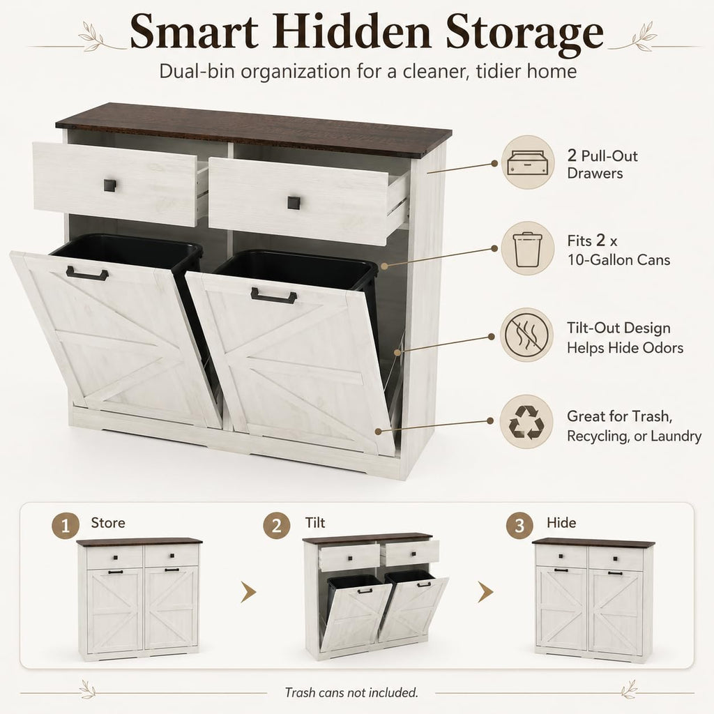 20 Gallon White Wooden Double Tilt Out Trash Can Cabinet with 2 Drawer D101