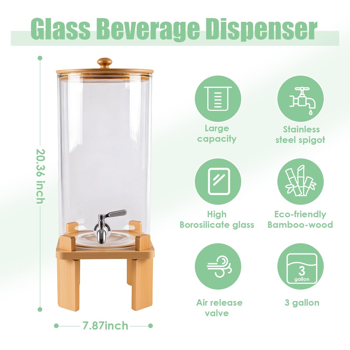 3 Gallon Glass Drink Dispenser with Wood Stand S565204