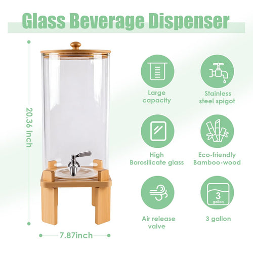 3 Gallon Glass Drink Dispenser with Wood Stand S565204