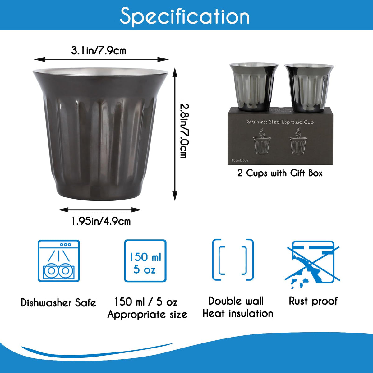 French Press 12 oz, Stainless Steel Double-Wall Espresso Cups 5 oz Set of 2 L411