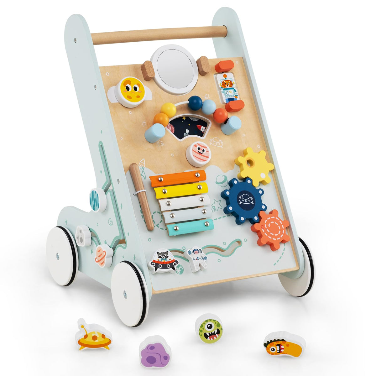 Wooden Baby Walker Push and Pull Learning Activity Center with Wheels Storage Green Q13215