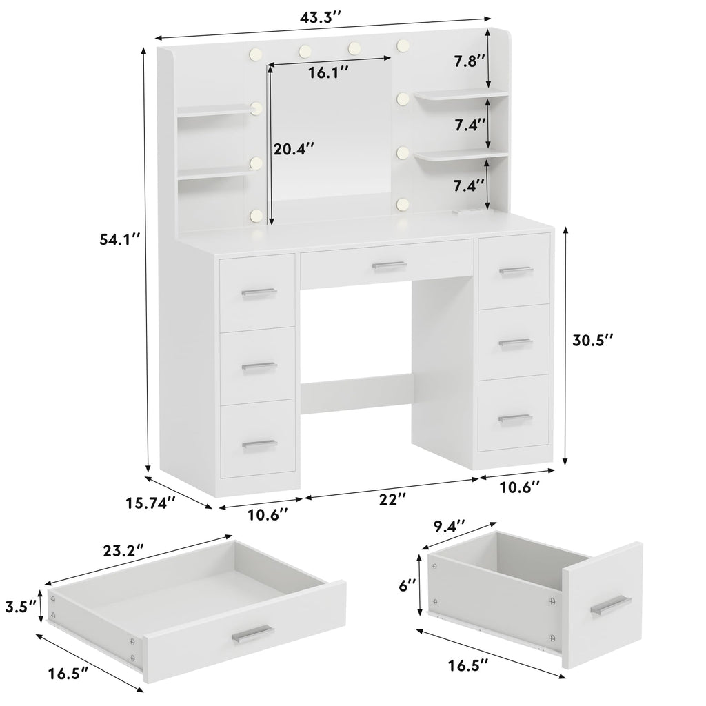 White Vanity Desk with Lighted Mirror and 7 Drawers K6489