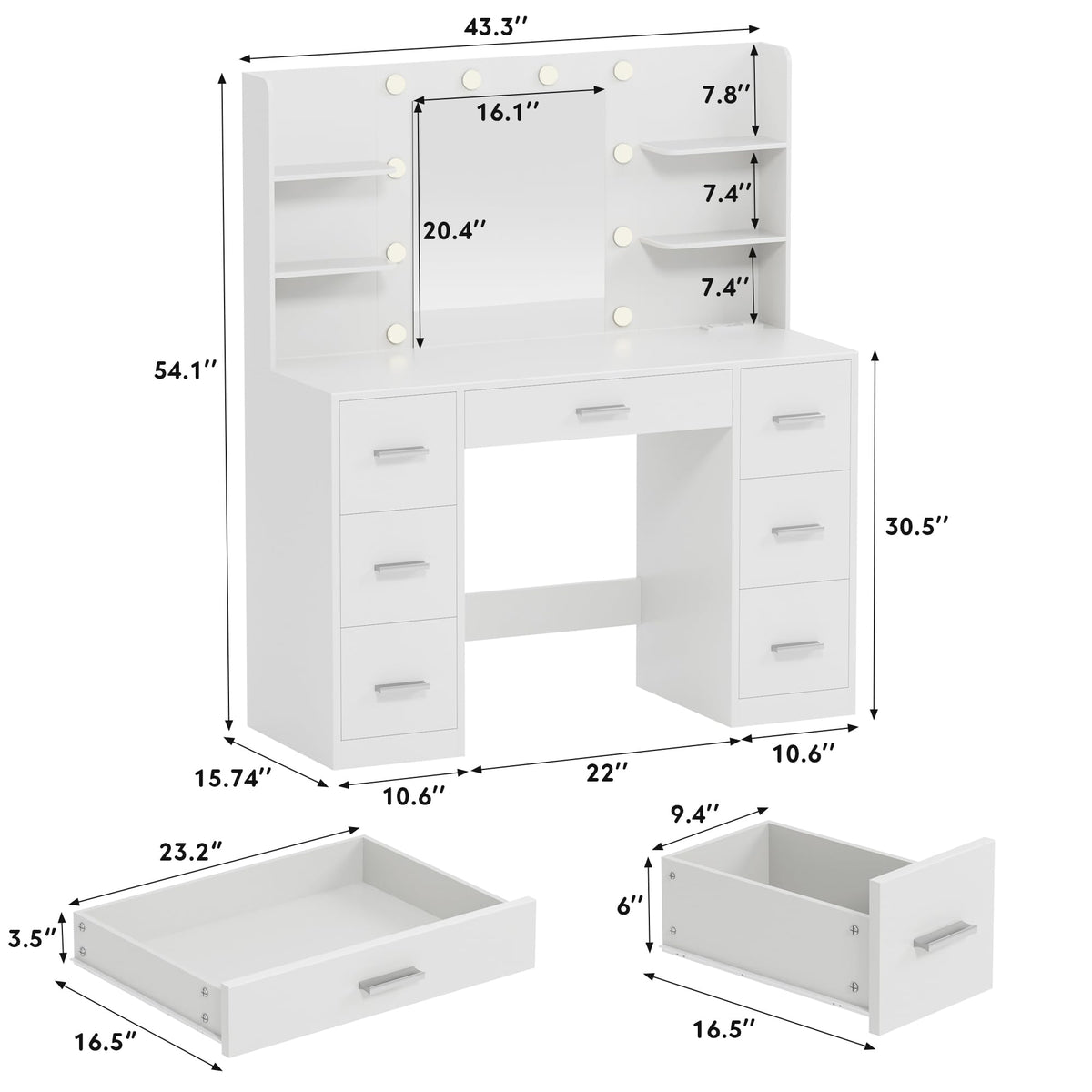 White Vanity Desk with Lighted Mirror and 7 Drawers K6489
