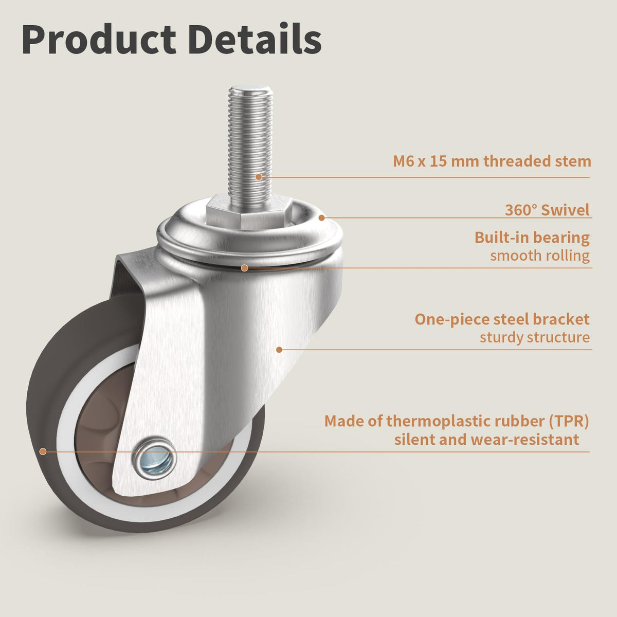 1.25" M6 Swivel Casters, 4 Pcs B23068