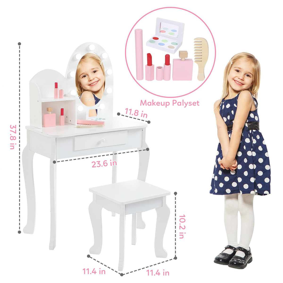 White Kids Vanity Table with LED Mirror & Stool F4988