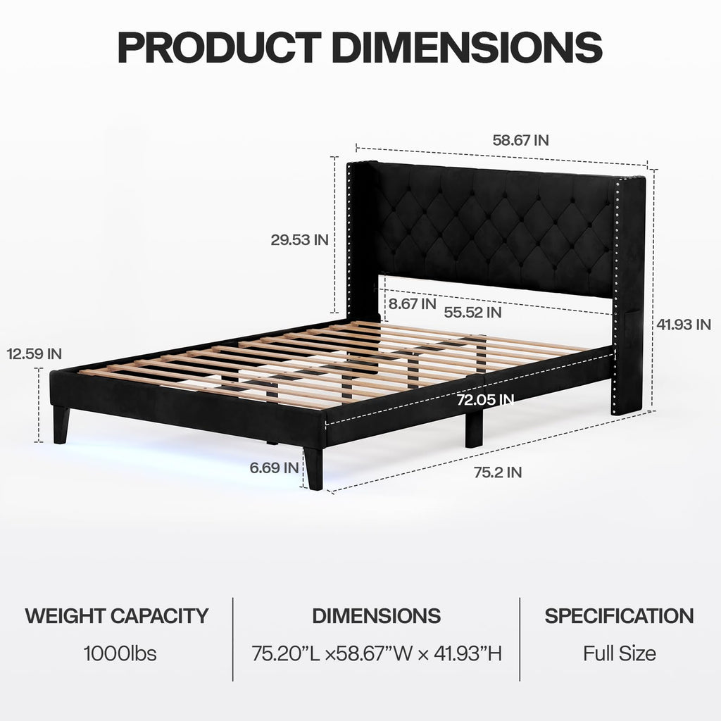 Black Velvet Upholstered Platform Bed Frame with Wingback Headboard F708