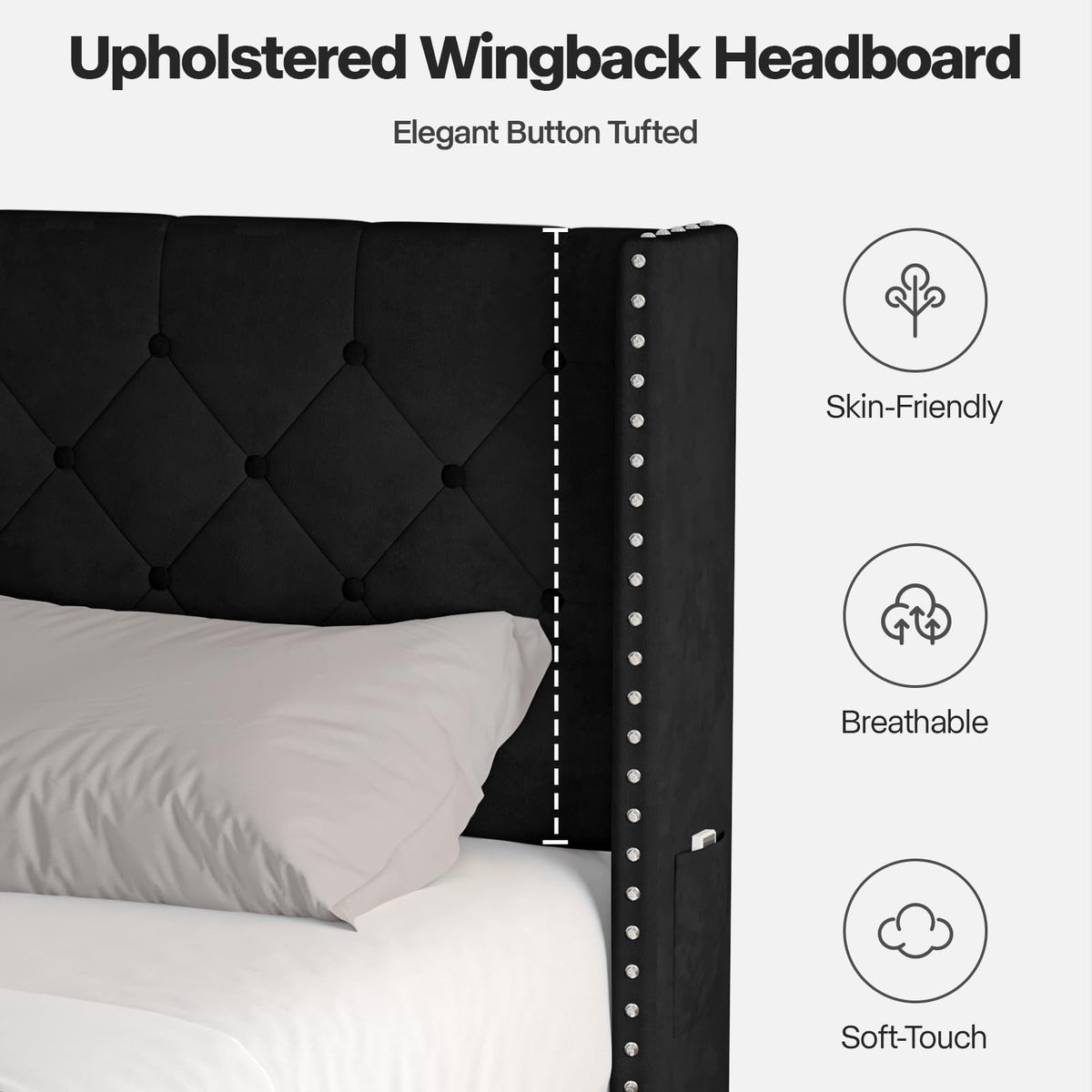 Black Velvet Upholstered Platform Bed Frame with Wingback Headboard F708