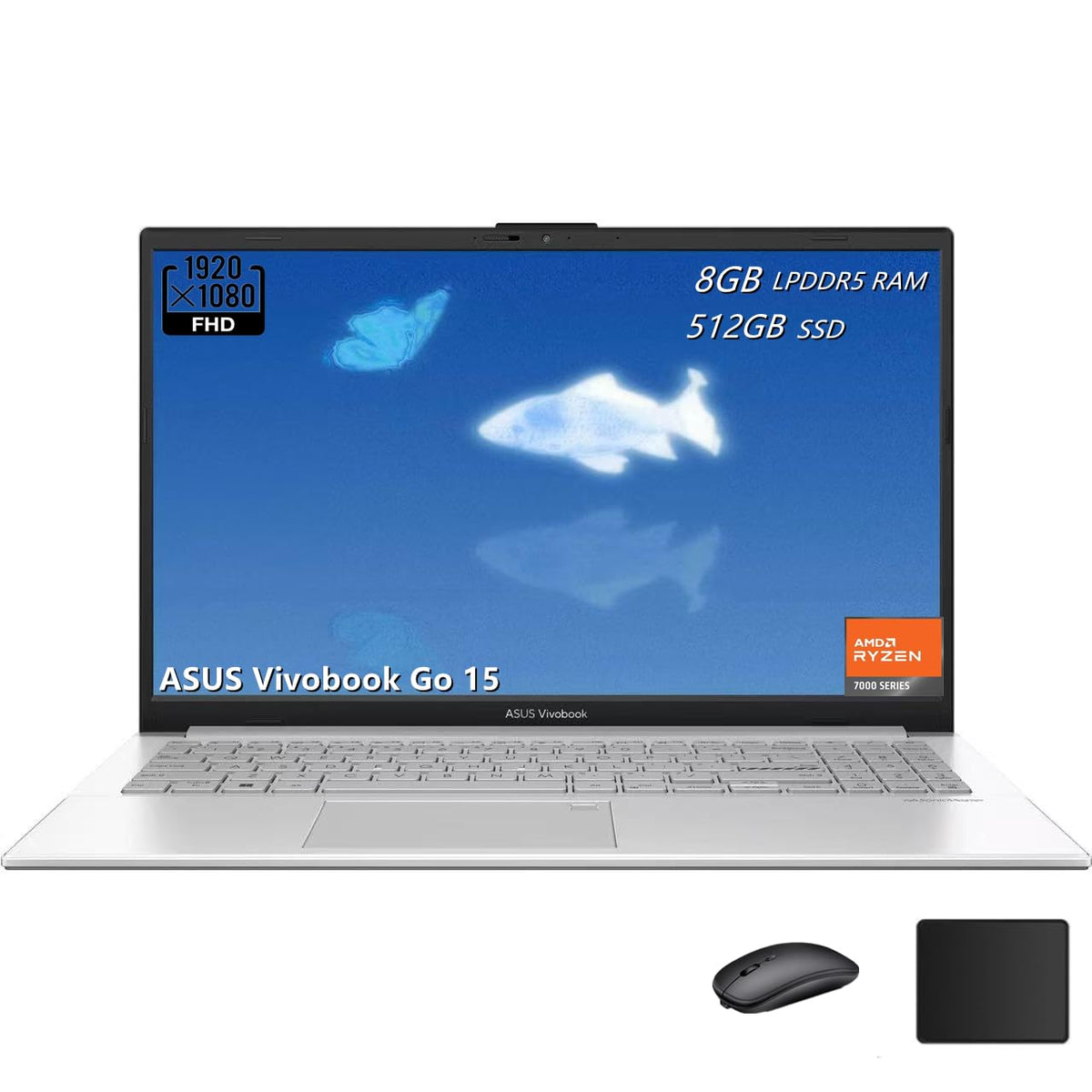 15.6" FHD Laptop, AMD Ryzen 5, 8GB RAM, 512GB SSD, Windows 11, Cool Silver V4589