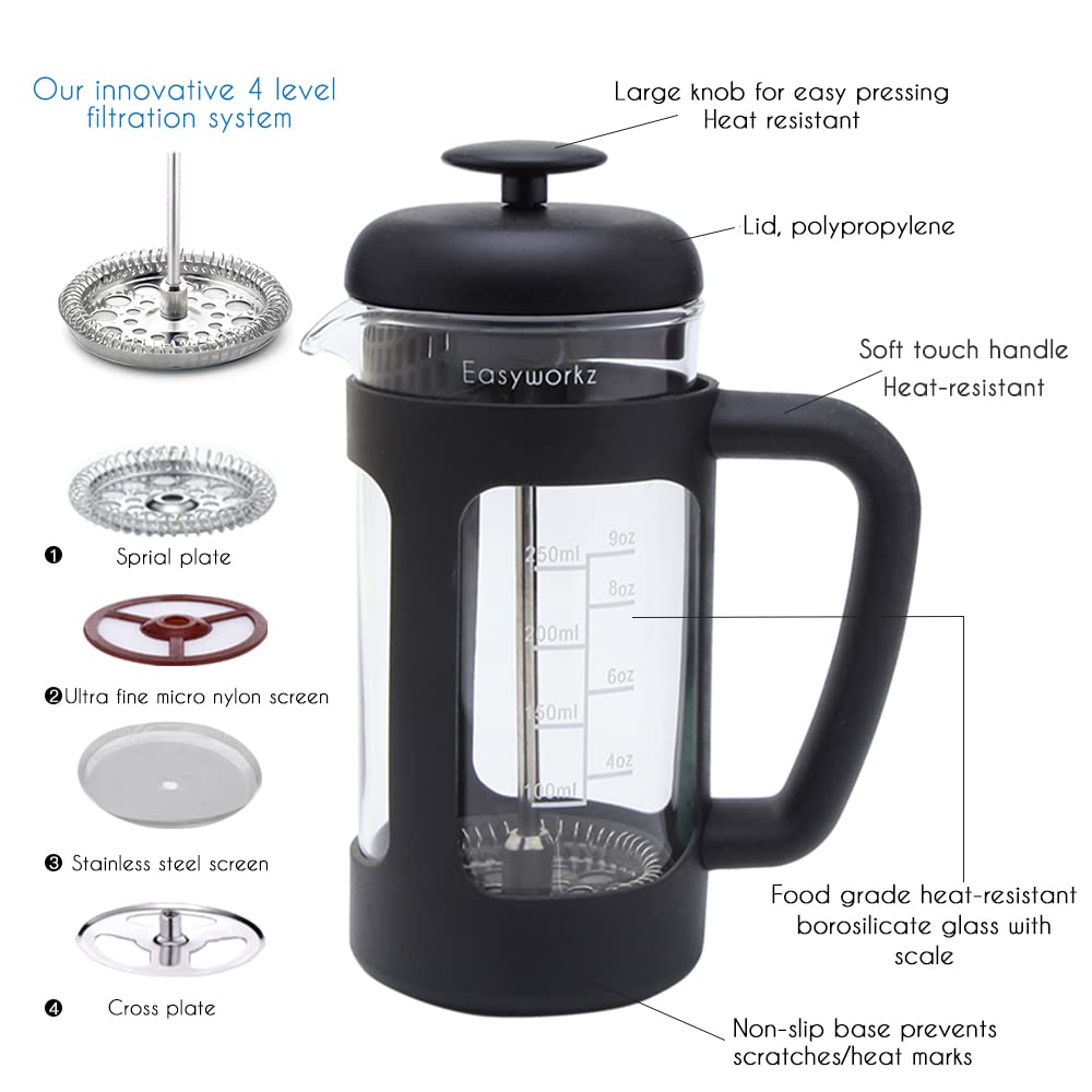 French Press 12 oz, Stainless Steel Double-Wall Espresso Cups 5 oz Set of 2 L411
