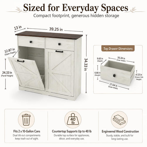 20 Gallon White Wooden Double Tilt Out Trash Can Cabinet with 2 Drawer D101