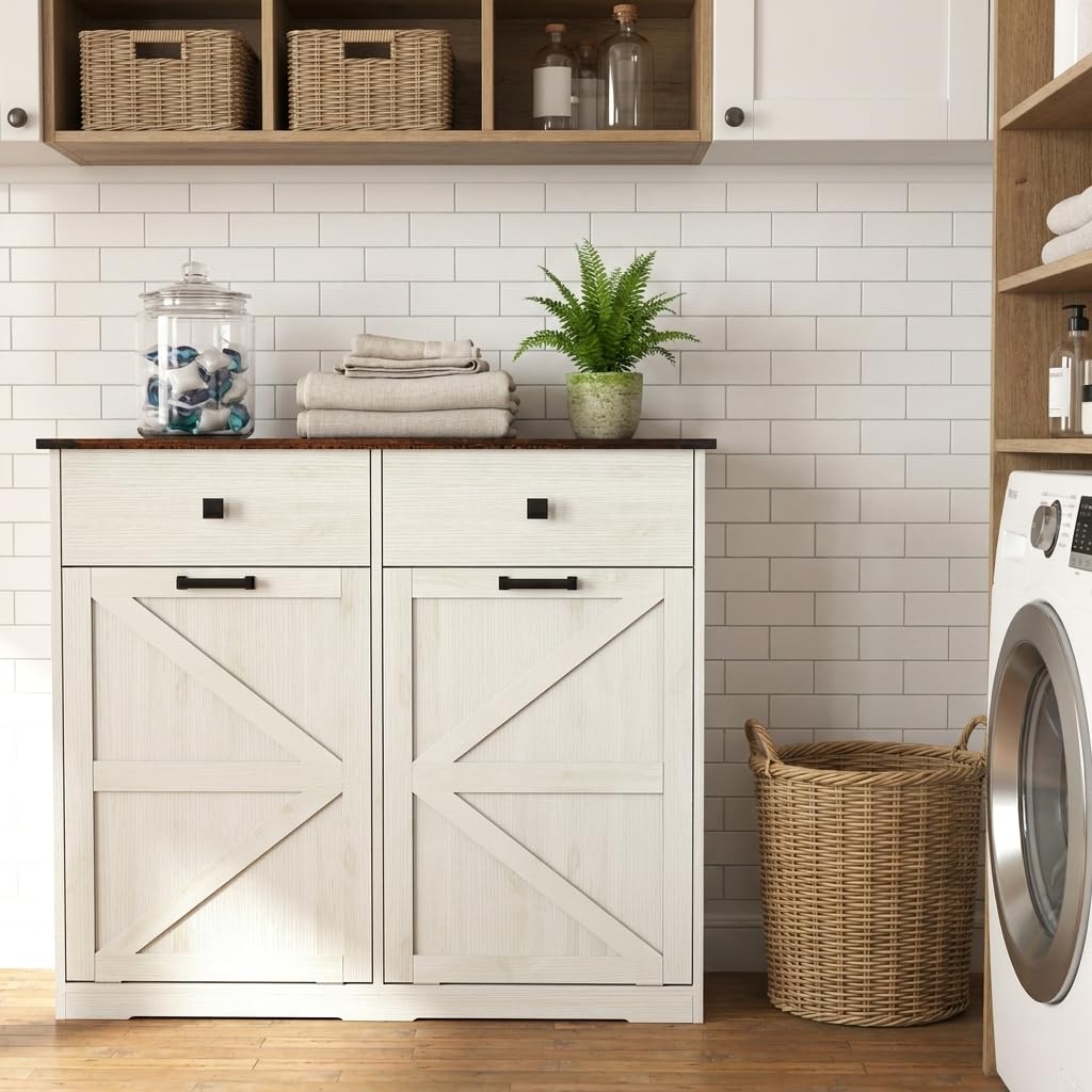 20 Gallon White Wooden Double Tilt Out Trash Can Cabinet with 2 Drawer D101
