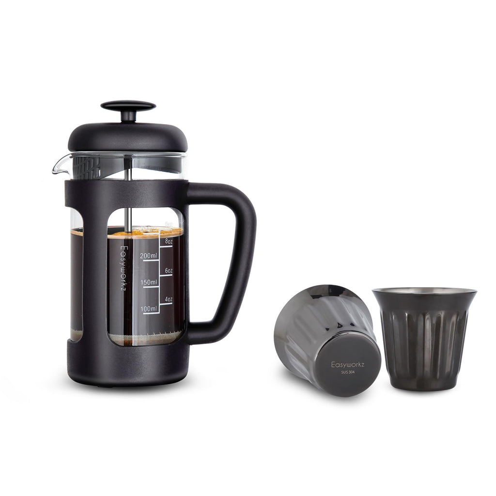 French Press 12 oz, Stainless Steel Double-Wall Espresso Cups 5 oz Set of 2 L411