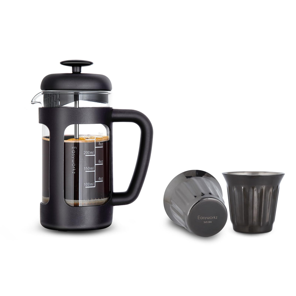 French Press 12 oz, Stainless Steel Double-Wall Espresso Cups 5 oz Set of 2 L411