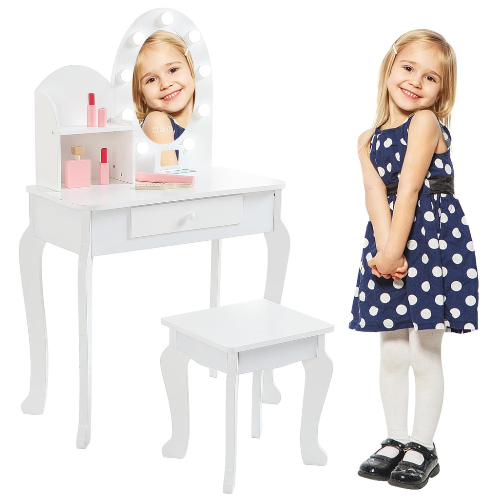 White Kids Vanity Table with LED Mirror & Stool F4988