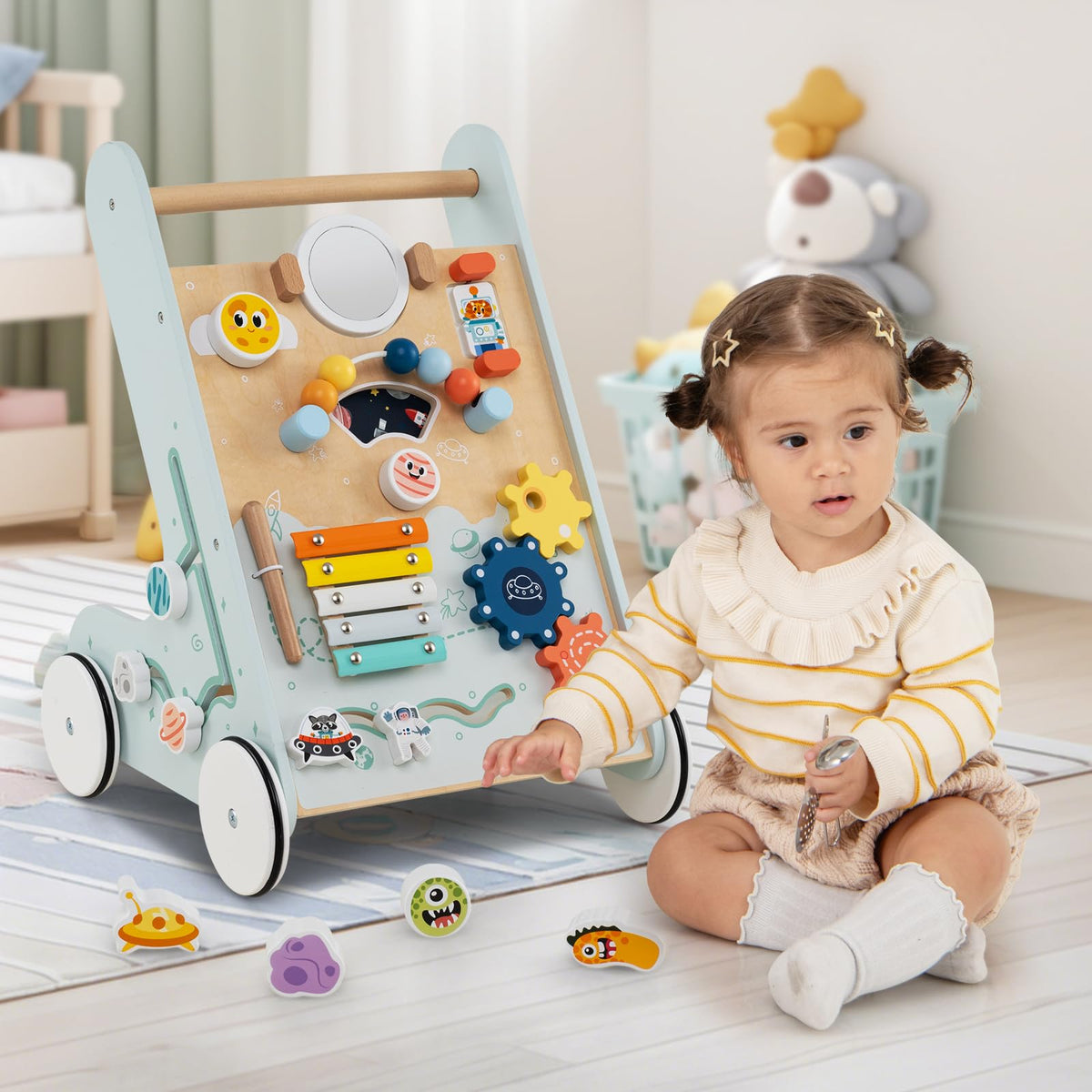 Wooden Baby Walker Push and Pull Learning Activity Center with Wheels Storage Green Q13215
