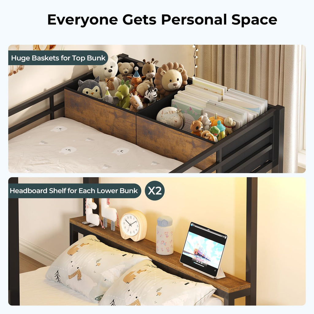 Black Triple Bunk Bed Twin Over Twin with Storage Staircase R4828