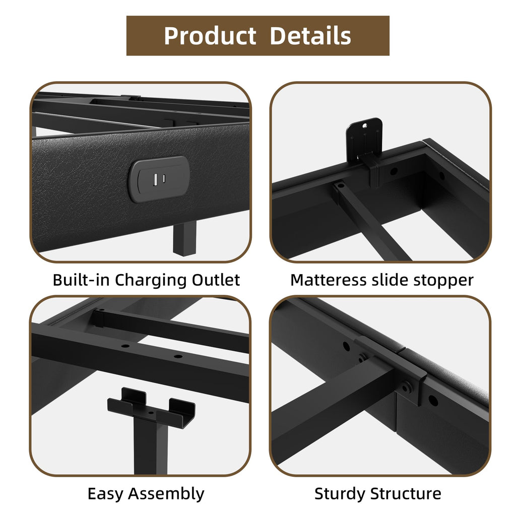 Black Floating Upholstered Platform Bed Frame Full Size with LED Lights and Charging Station R121