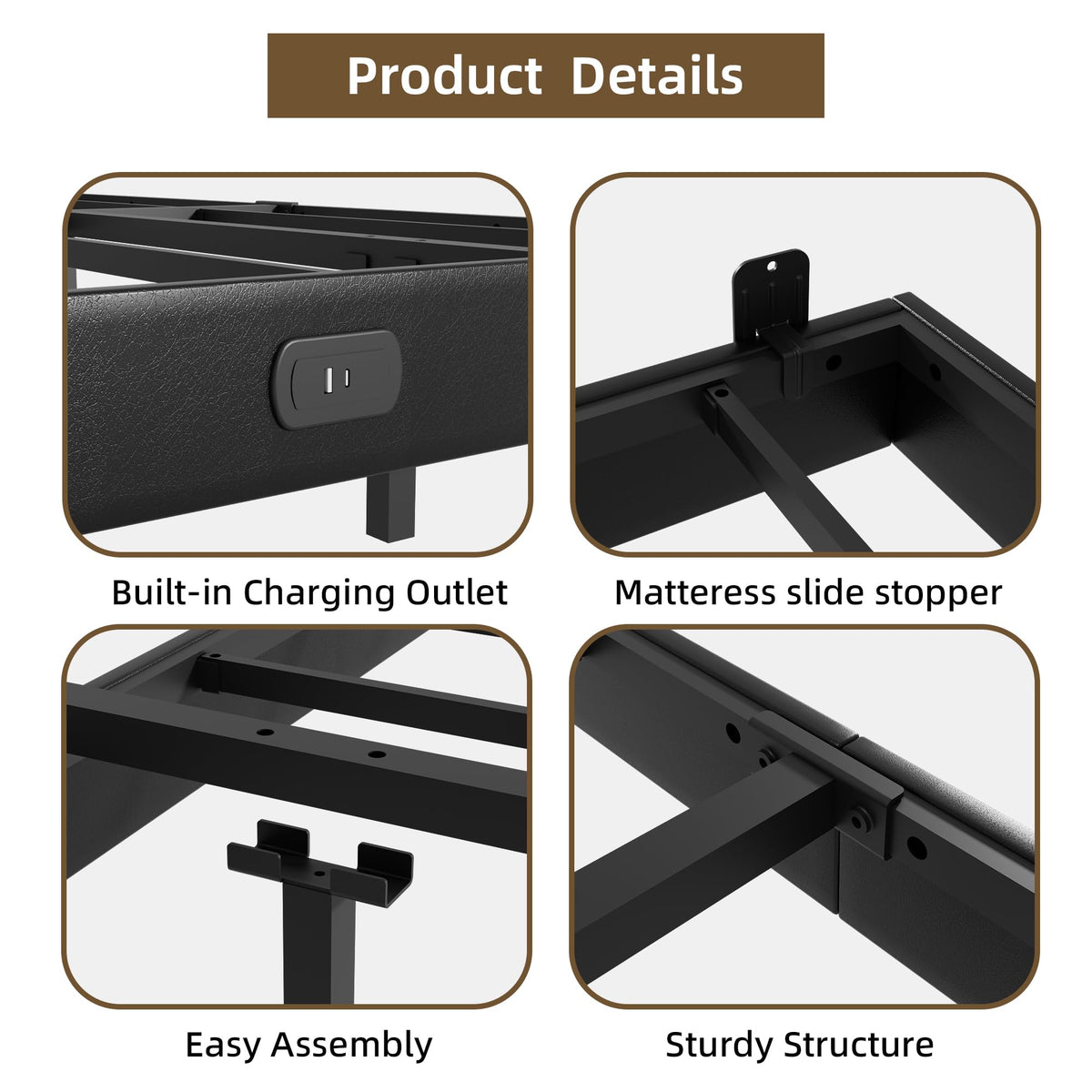 Black Floating Upholstered Platform Bed Frame Full Size with LED Lights and Charging Station R121