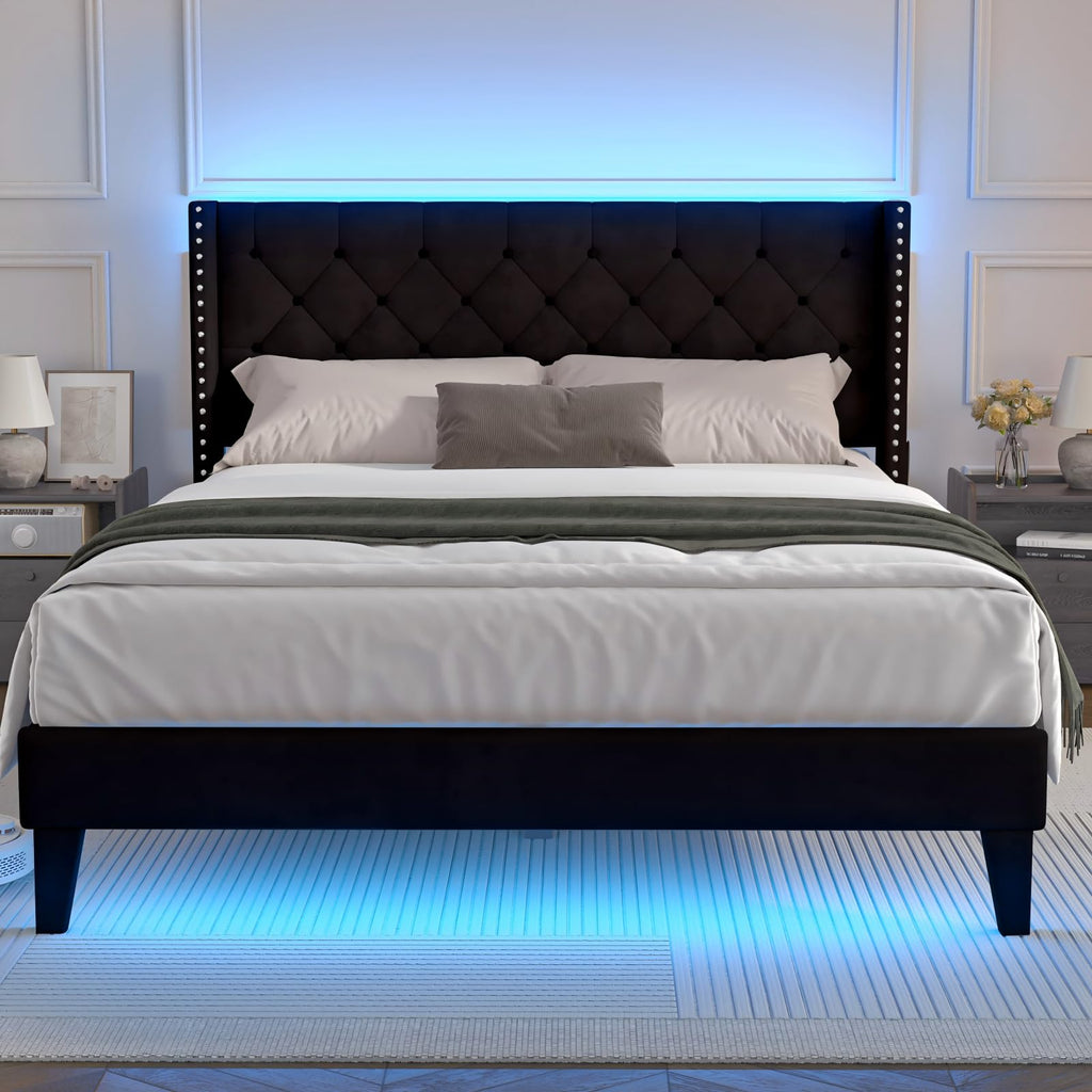 Black Velvet Upholstered Platform Bed Frame with Wingback Headboard F708