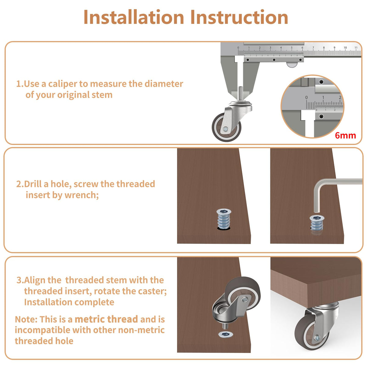 1.25" M6 Swivel Casters, 4 Pcs B23068