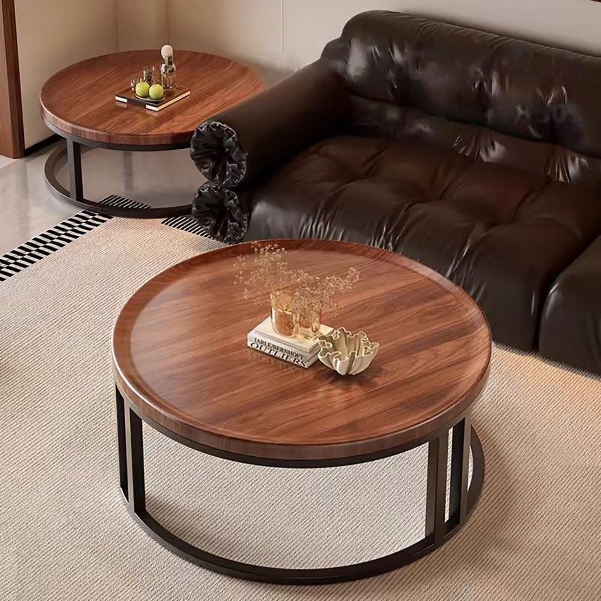 Round Nesting Coffee Tables 2-Piece Set Wood Top Metal Frame R9139