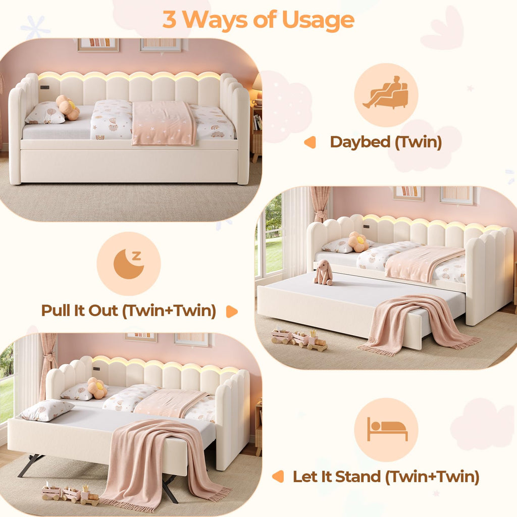 Beige Twin Velvet Upholstered Daybed with Pop Up Trundle F714