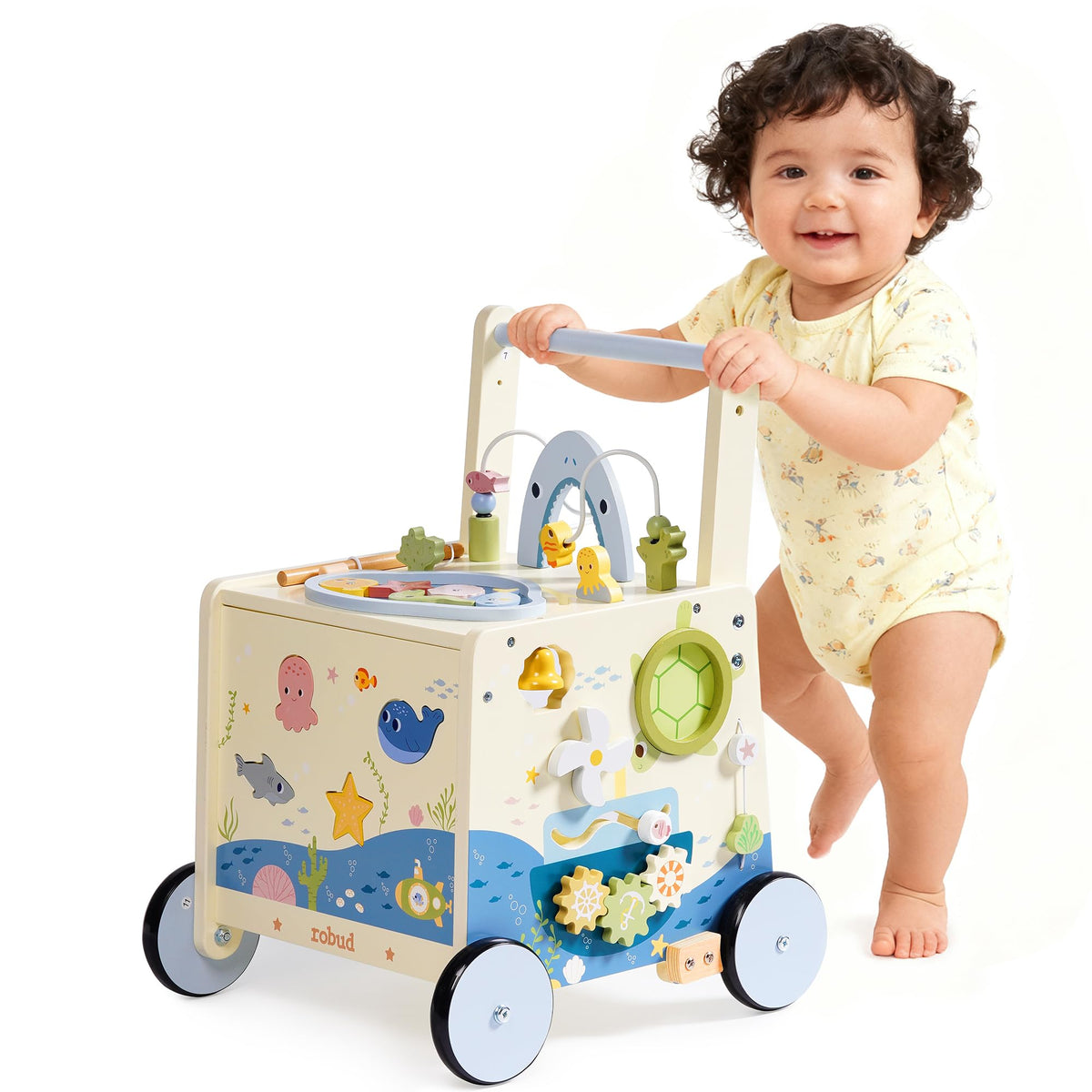 Wooden Baby Walker Push Toy with Fishing Game, Music, Storage R55116