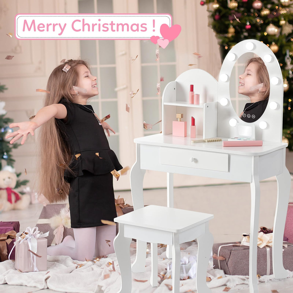 White Kids Vanity Table with LED Mirror & Stool F4988