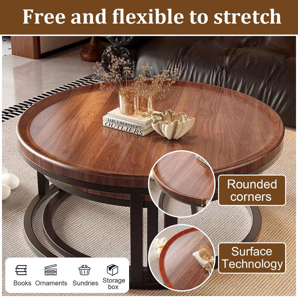 Round Nesting Coffee Tables 2-Piece Set Wood Top Metal Frame R9139