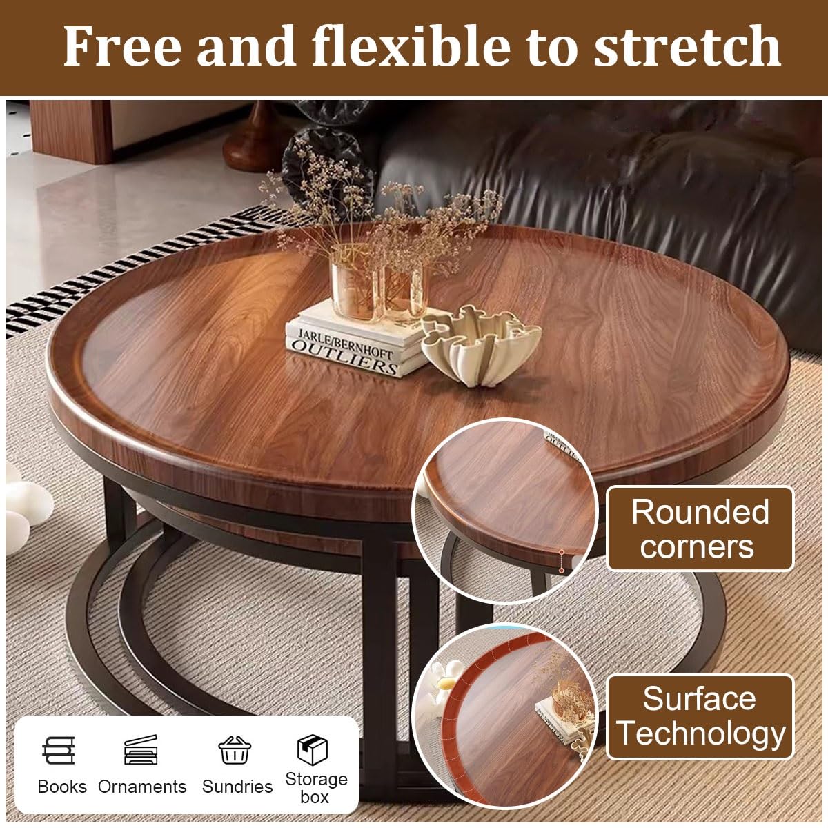 Round Nesting Coffee Tables 2-Piece Set Wood Top Metal Frame R9139
