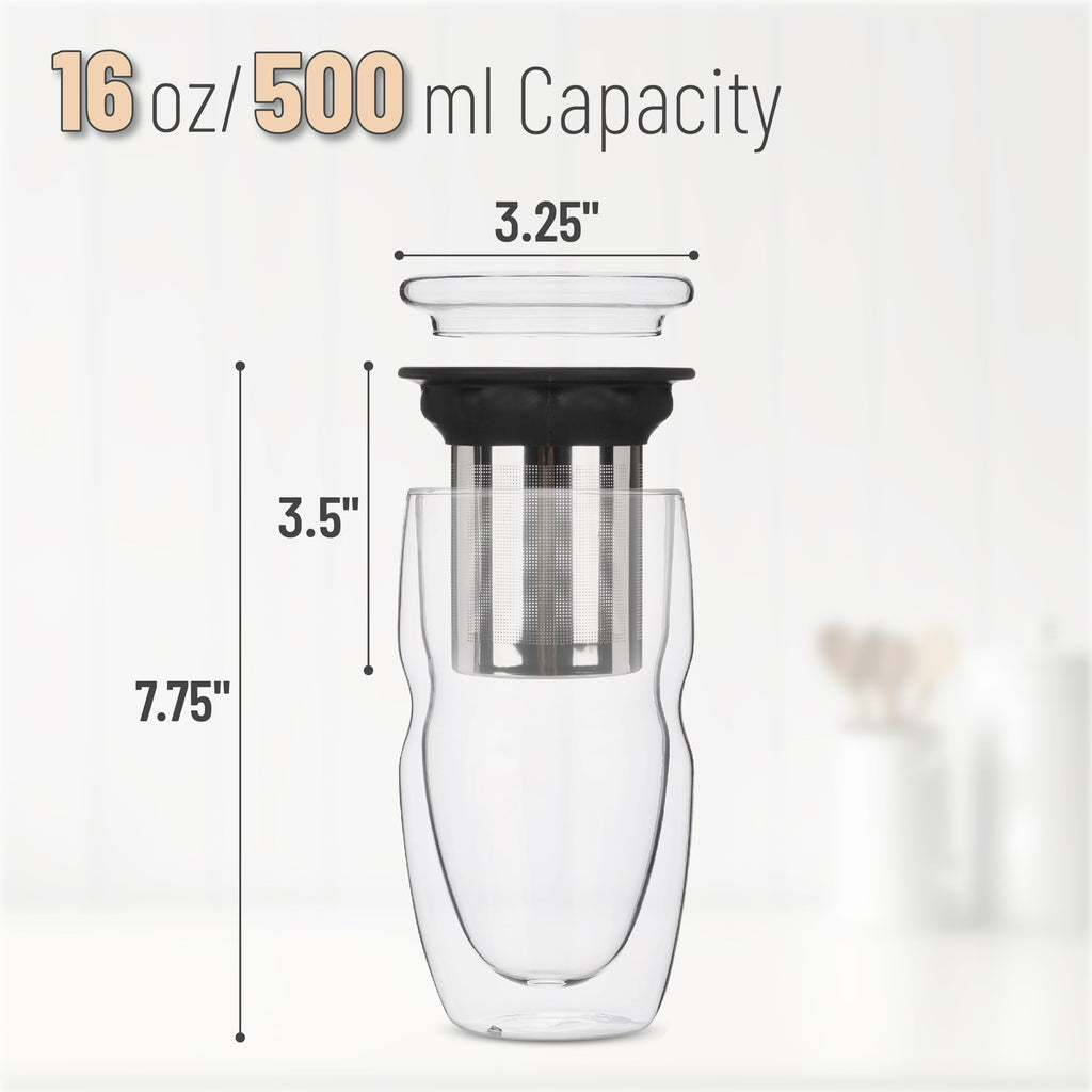 Double Wall Glass Tea Cup with Stainless Steel Infuser and Lid, 16 oz, 2 Pack T425