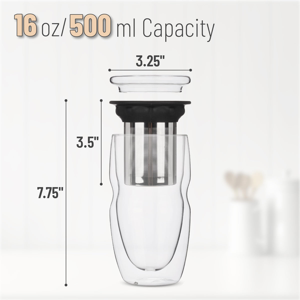 Double Wall Glass Tea Cup with Stainless Steel Infuser and Lid, 16 oz, 2 Pack T425