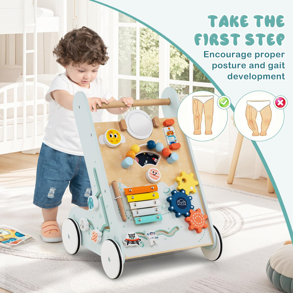 Wooden Baby Walker Push and Pull Learning Activity Center with Wheels Storage Green Q13215