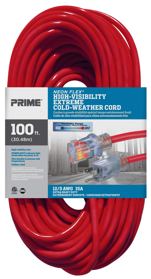 100-Foot 12/3 SJTW Outdoor Extension Cord with Light Indicator, Neon Red Y490536