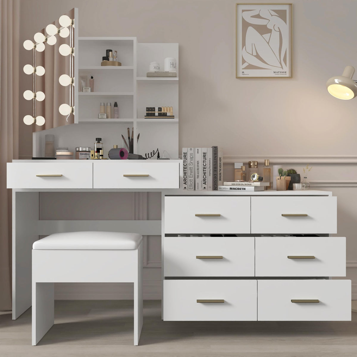White Makeup Vanity Desk Set with 8 Drawers J45940