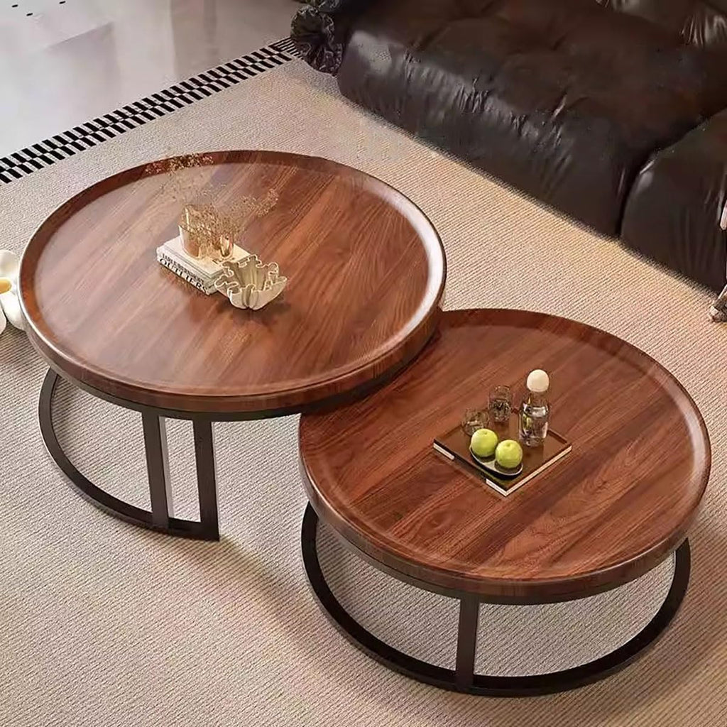 Round Nesting Coffee Tables 2-Piece Set Wood Top Metal Frame R9139