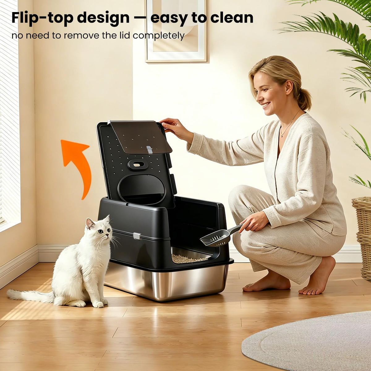 Extra Large Stainless Steel Enclosed Cat Litter Box with Lid and Scoop Z437393