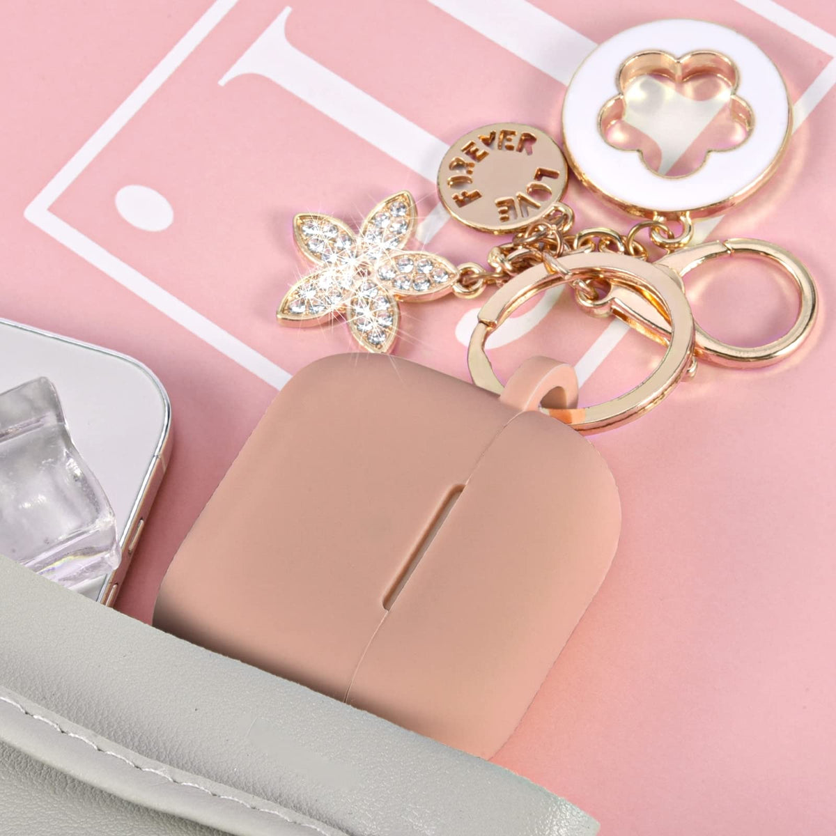 Pink Silicone Earbuds Case with Keychain H294