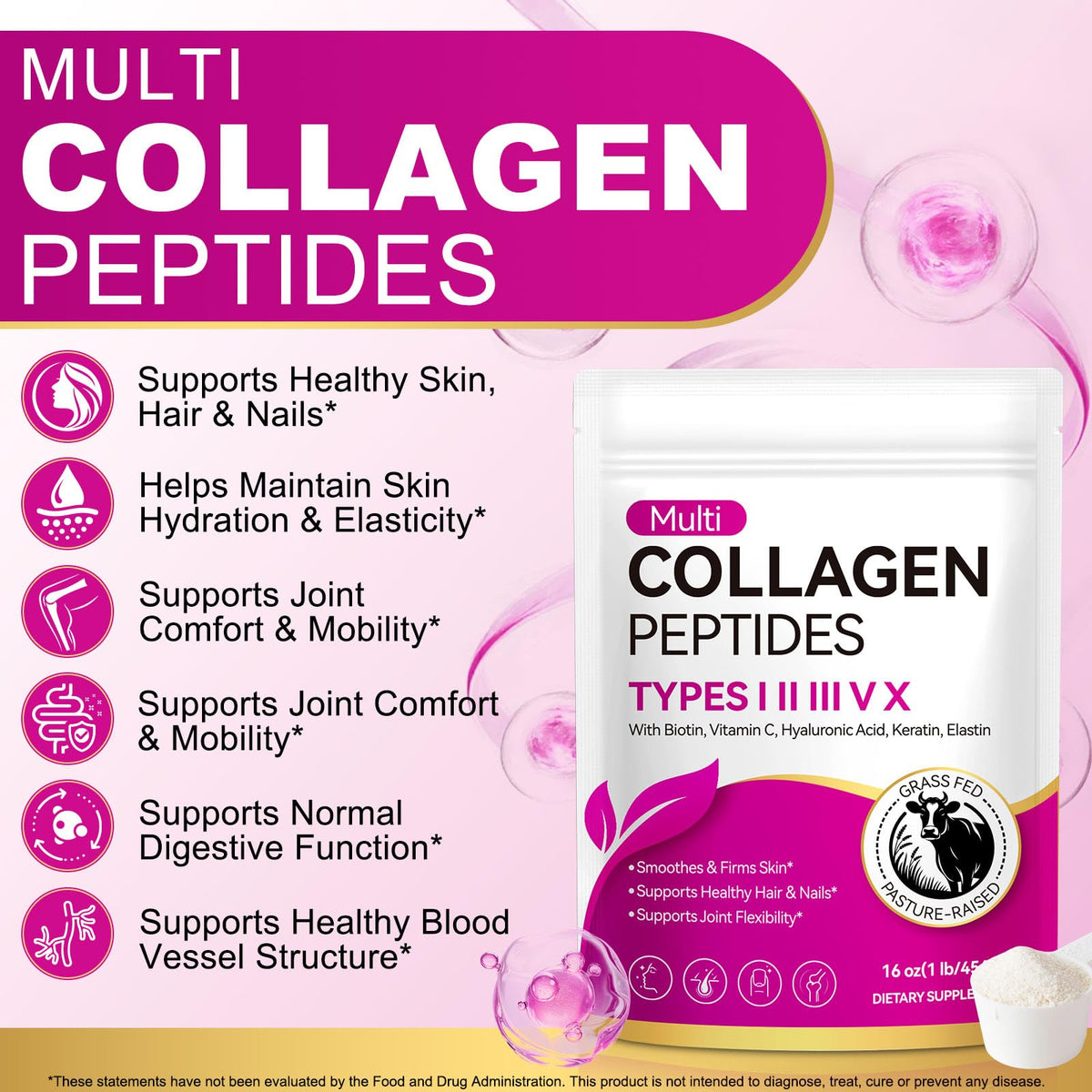 Multi Collagen Peptides Powder Type I II III V X 16oz K264504