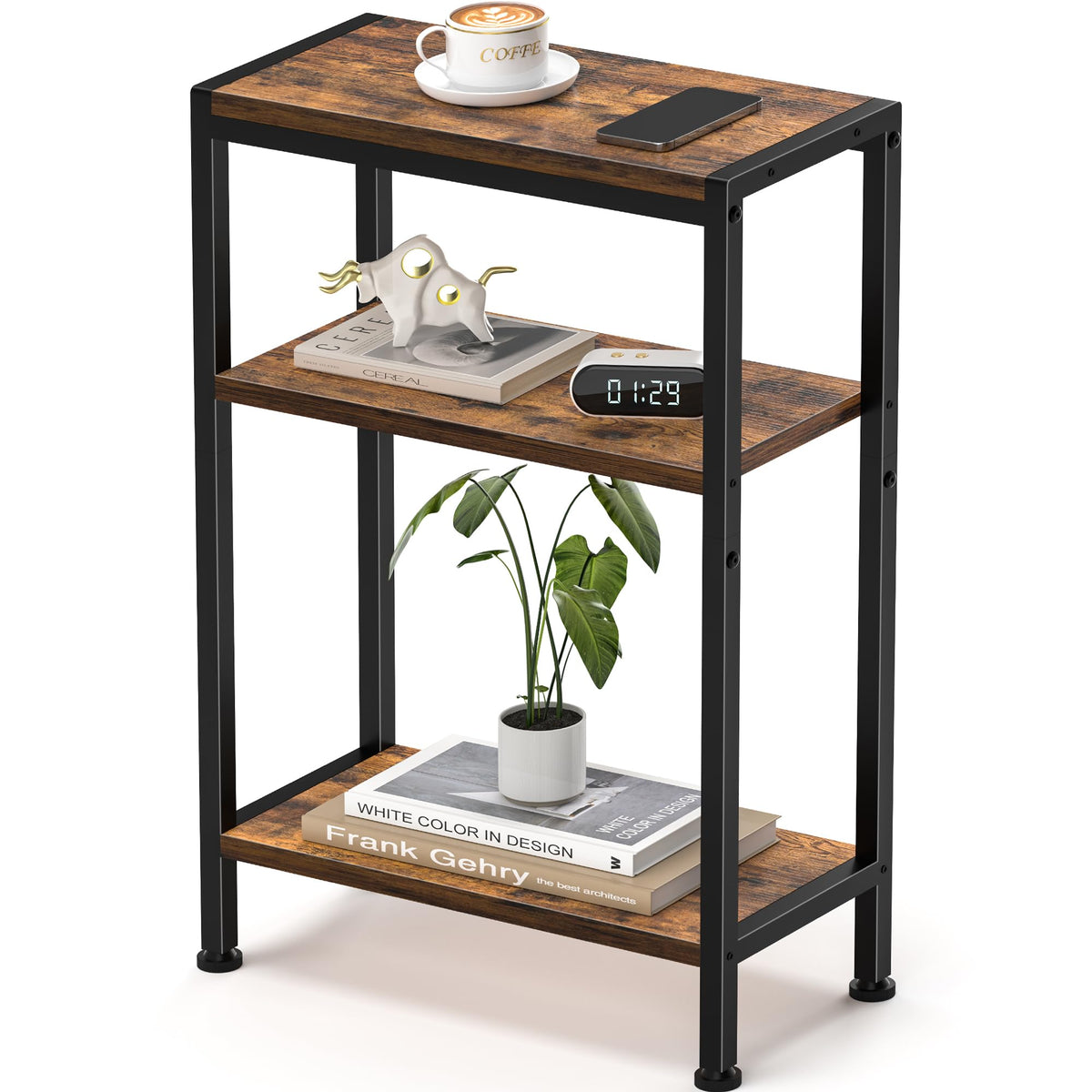 Narrow 3 Tier Slim Side Table Rustic Brown U851218