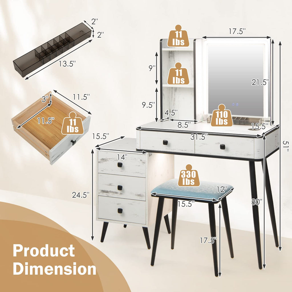 Makeup Vanity Table with Lighted Mirror and Stool Z551