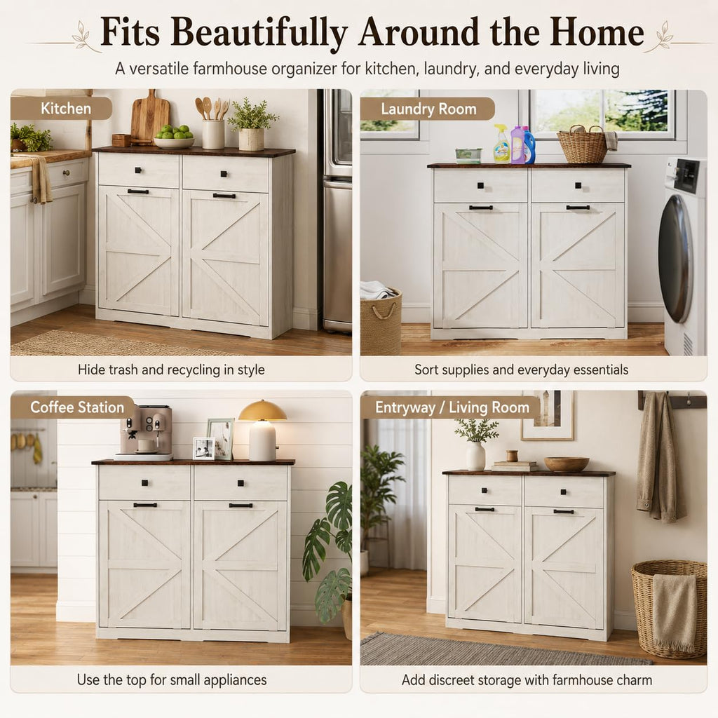 20 Gallon White Wooden Double Tilt Out Trash Can Cabinet with 2 Drawer D101