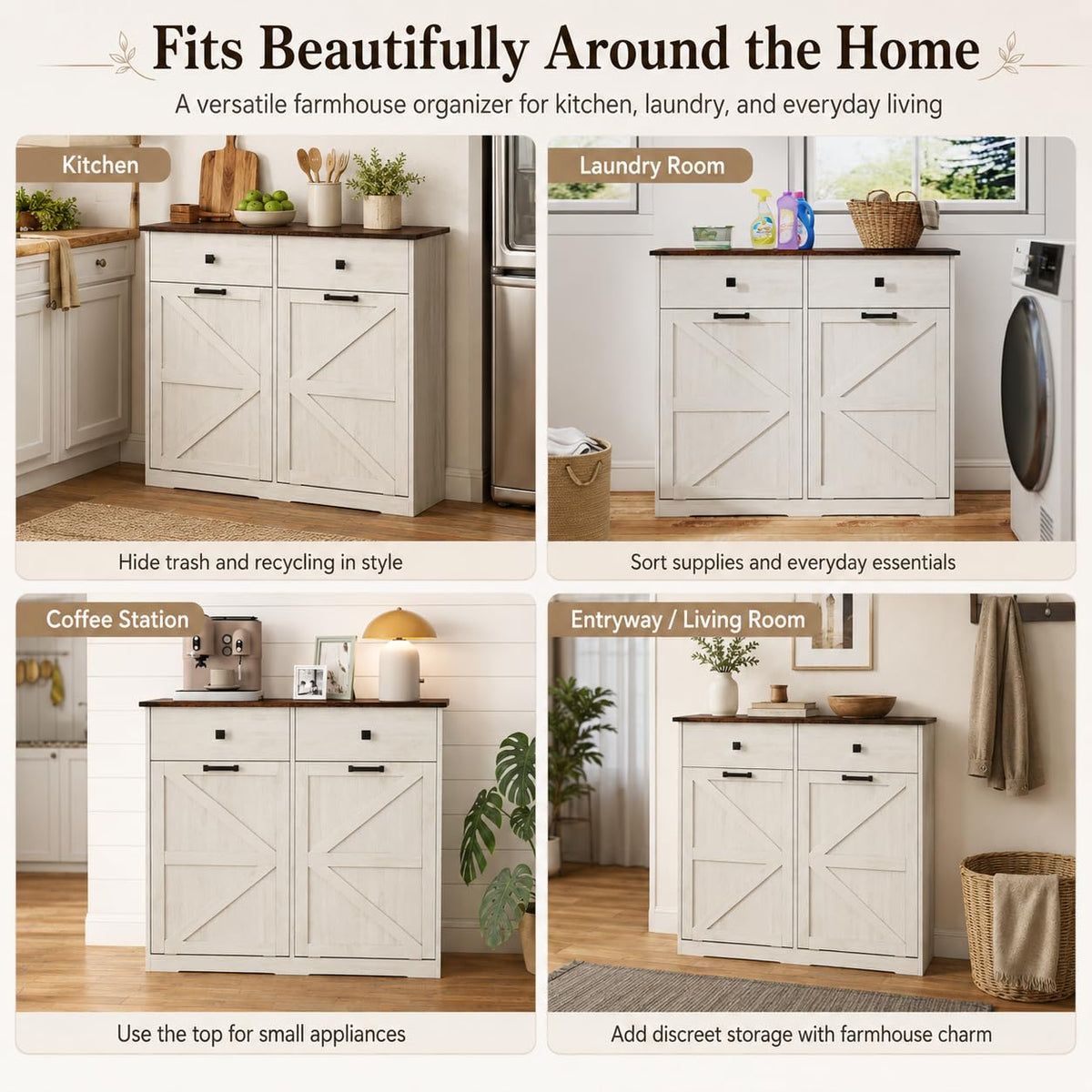 20 Gallon White Wooden Double Tilt Out Trash Can Cabinet with 2 Drawer D101