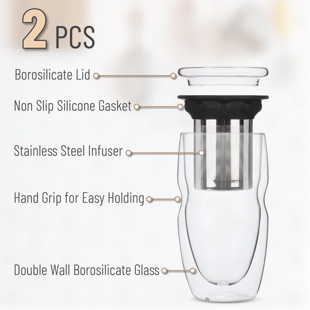 Double Wall Glass Tea Cup with Stainless Steel Infuser and Lid, 16 oz, 2 Pack T425